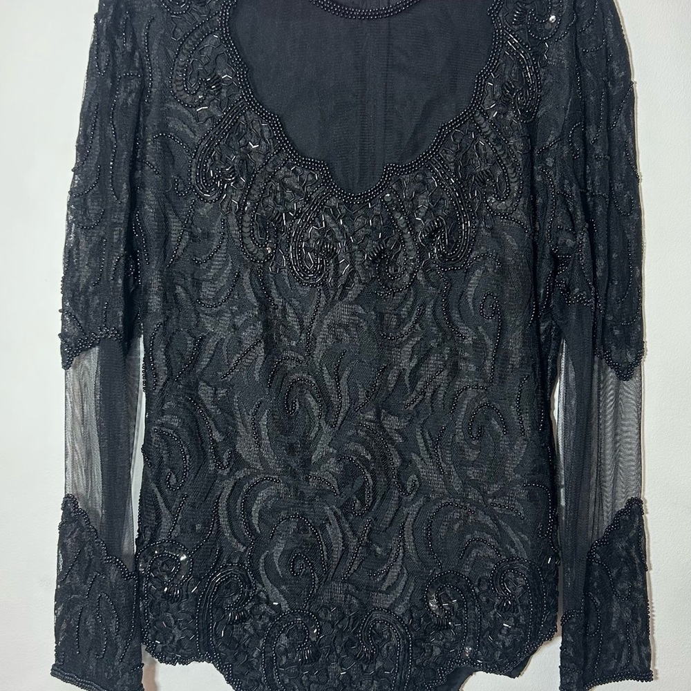 Elegant Black Brilliante by J.A. Beaded Long Sleeve Mesh Women Shirt.